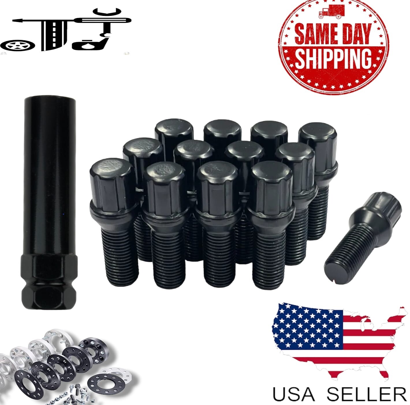 20Pc Black M14x1.5 Spline Tuner Lug Bolts 28mm Shank Fit Audi Aftermarket Wheel