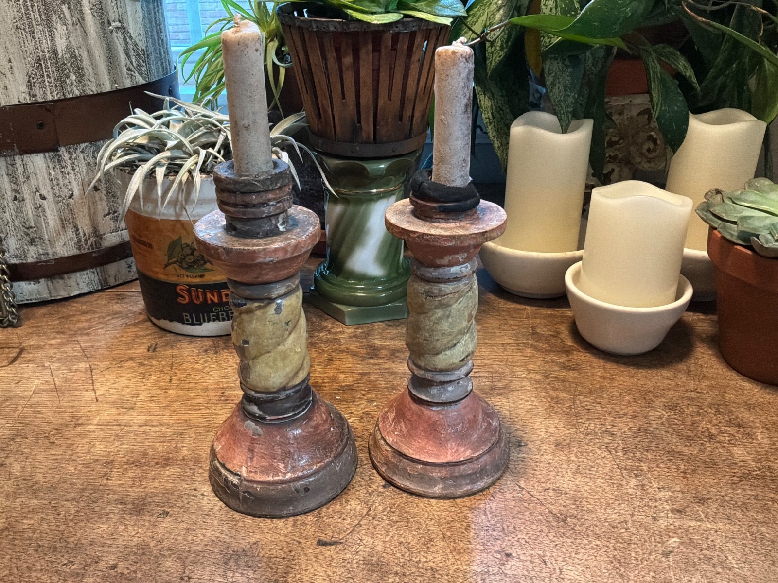 antique wood hand painted Candlesticks - 1700's antique wood hand painted Candlesticks - 1700's