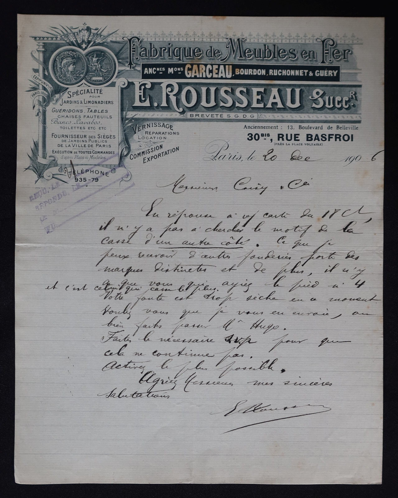 Invoice 1906 PARIS IRON FURNITURE FACTORY BOY E ROUSSEAU 147