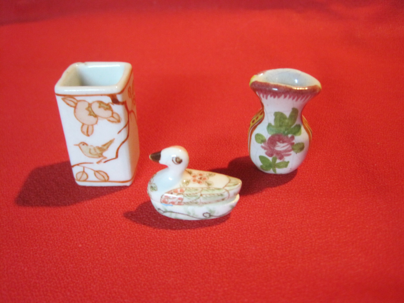 2 vintage miniature dollhouse porcelain vases & covered duck dish, 1:12 scale