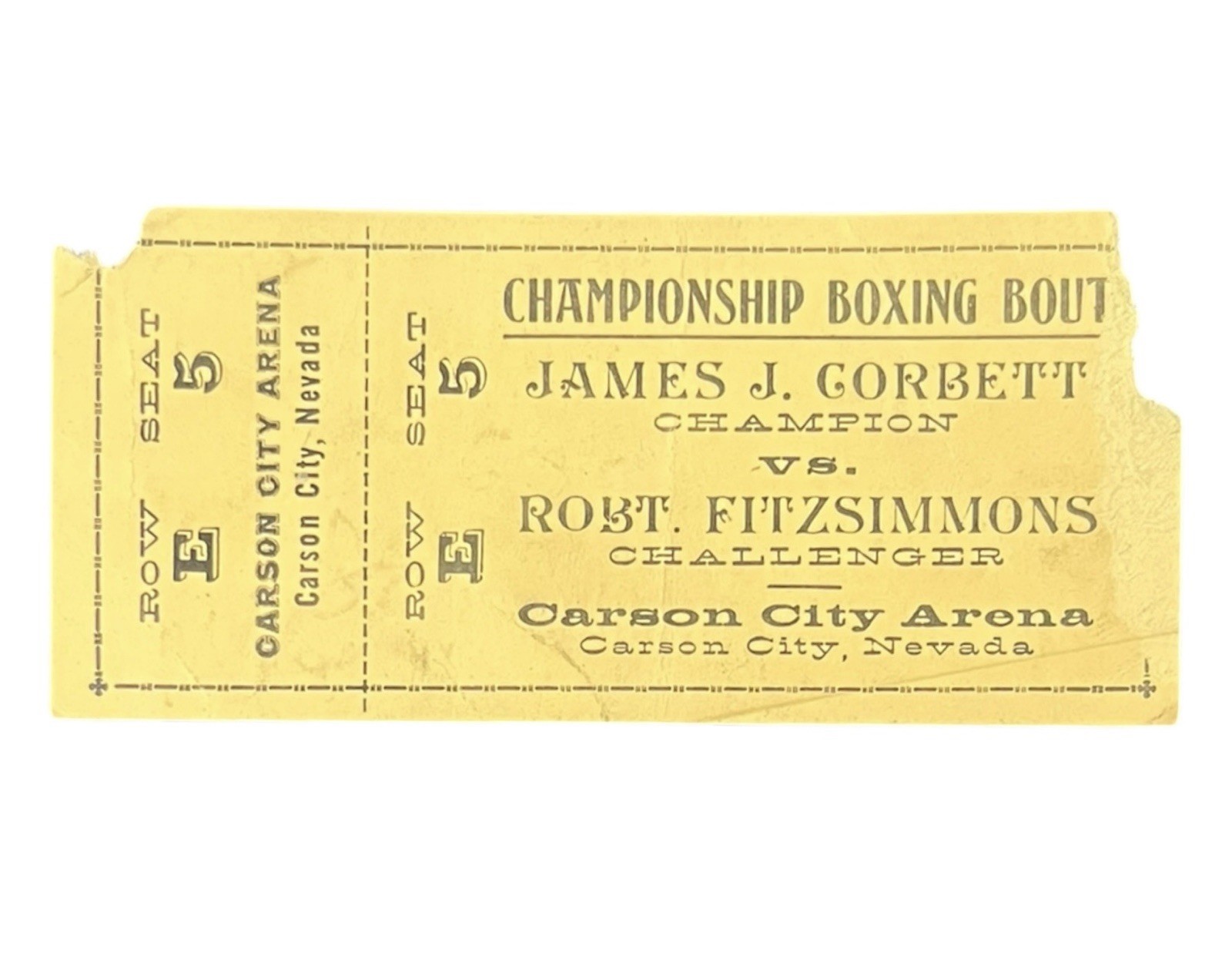 Vintage James J Corbett vs Bob Fitzsimmons Boxing Ticket Carson City Nevada Vintage James J Corbett vs Bob Fitzsimmons Boxing Ticket Carson City Nevada