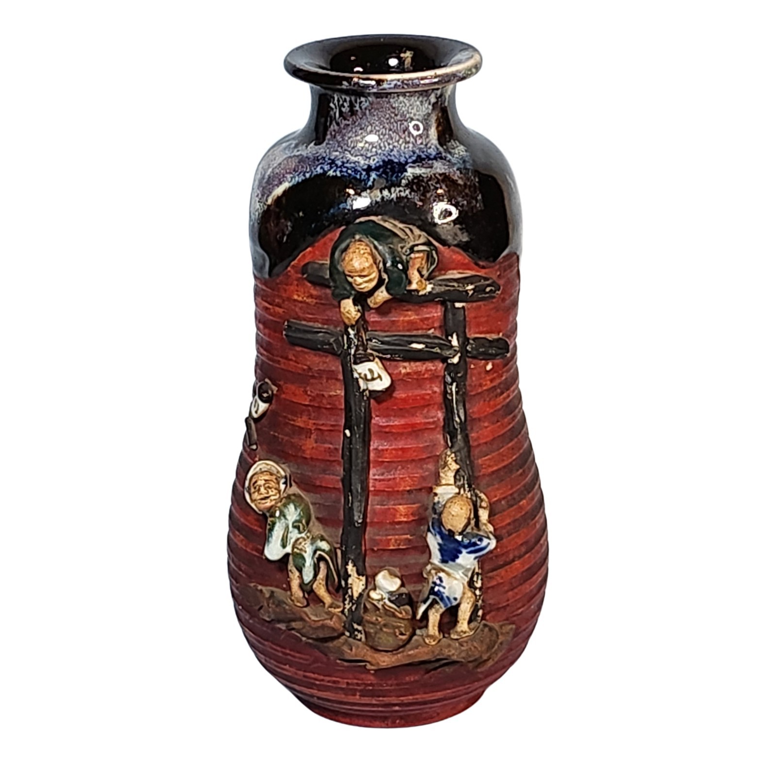 Antique Sumida Gawa Drip Glazed Pottery Ceramic Relief Vase Meiji Marked