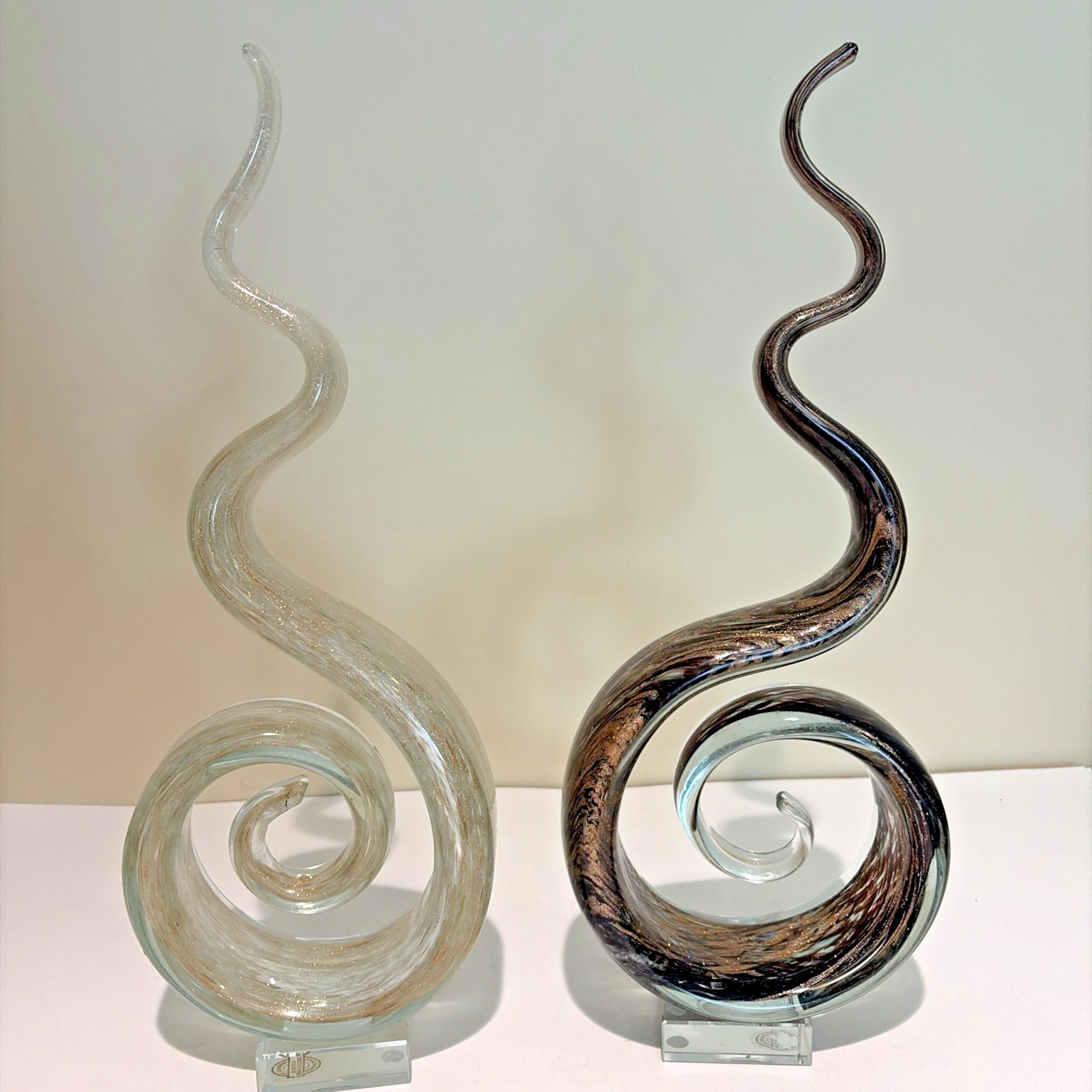 Vintage Murano Style Art Glass Ribbon Swirl Sculptures Metallic Handmade 16”