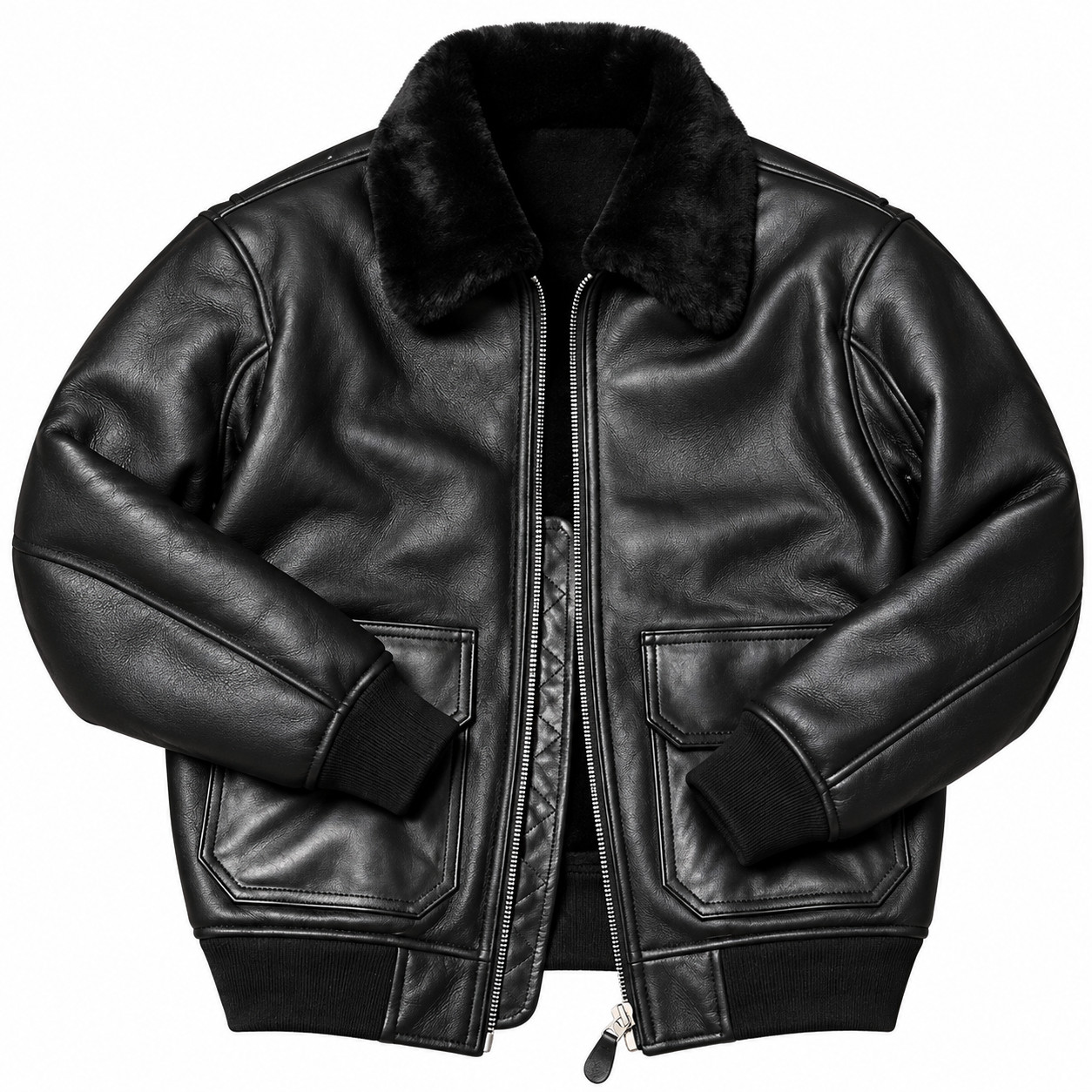 Men’s Genuine Leather Shearling Bomber Jacket Black Fur Lined Warm Winter Coat
