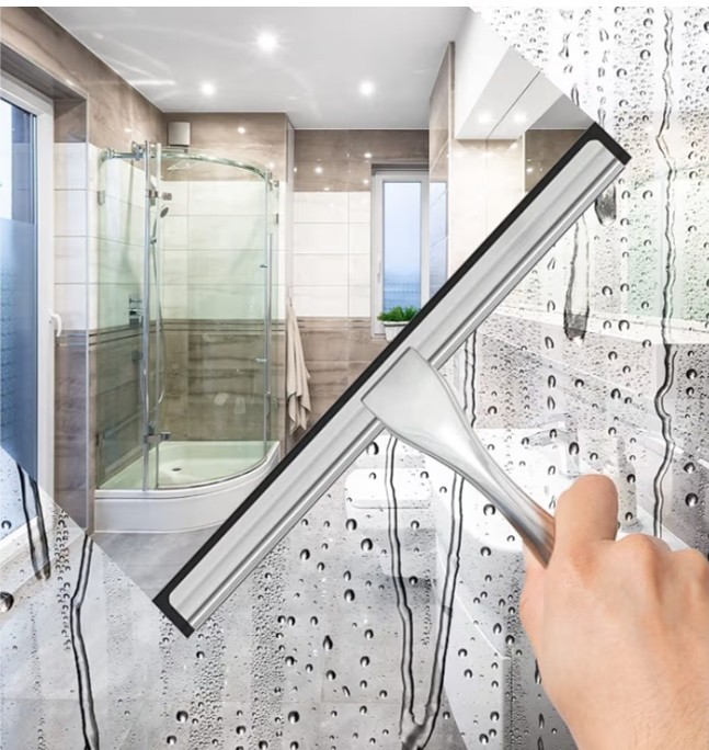 All-Purpose Stainless Steel Shower Squeegee Glass Door with 2 Adhesive Hooks
