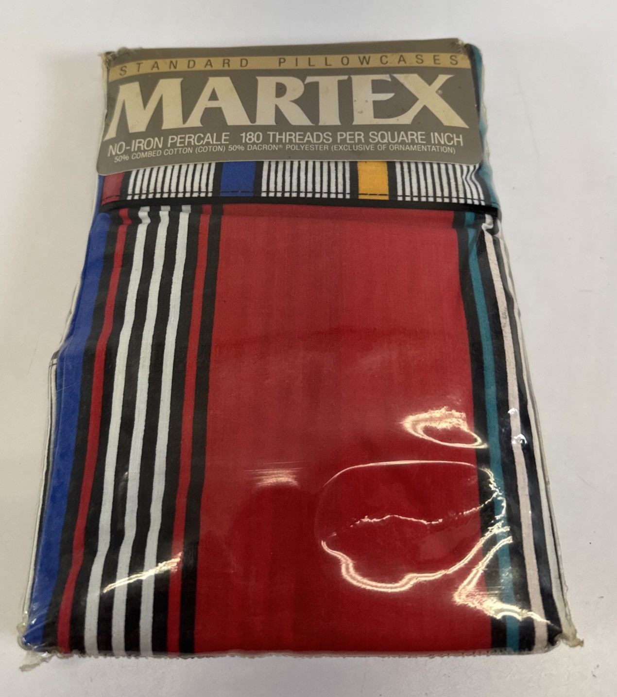 Vintage Martex Salsa Standard Pillowcases NIP Geometric Stripe Red Blue NOS