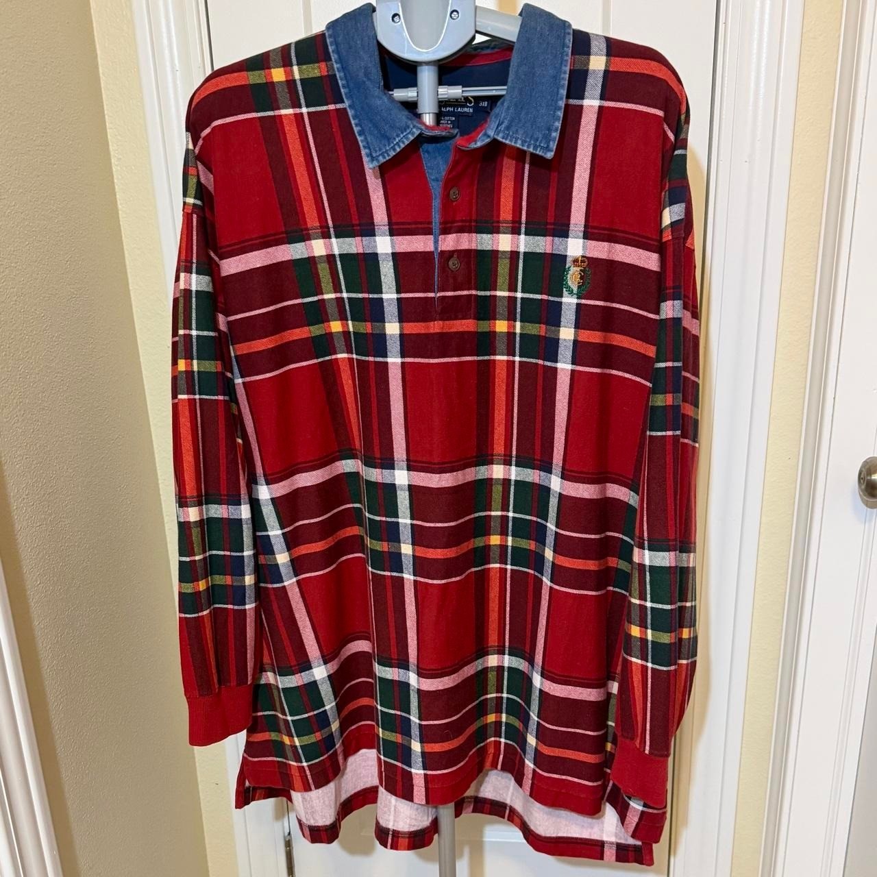 Chaps Ralph Lauren 3XB cotton plaid Rugby Shirt polo w/ denim chambray collar Chaps Ralph Lauren 3XB cotton plaid Rugby Shirt polo w/ denim chambray collar