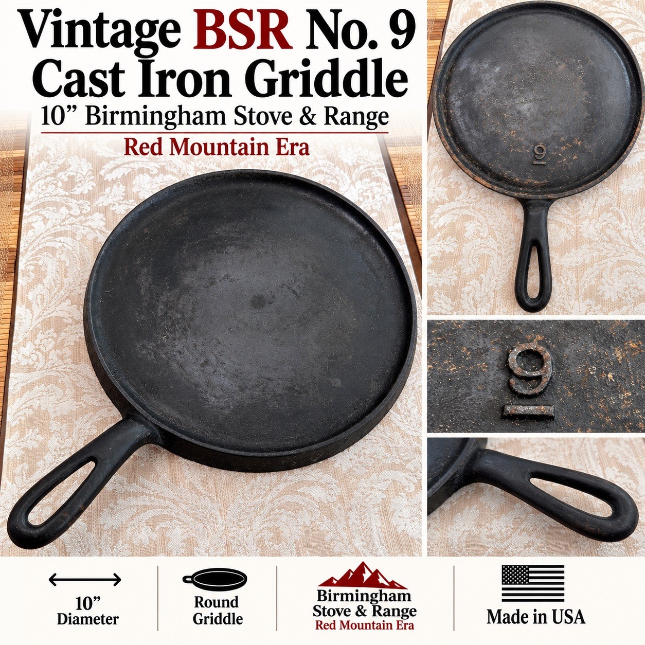 RARE Vintage BSR No 9 Cast Iron Griddle 10” Birmingham Stove Range Red Mountain RARE Vintage BSR No 9 Cast Iron Griddle 10” Birmingham Stove Range Red Mountain