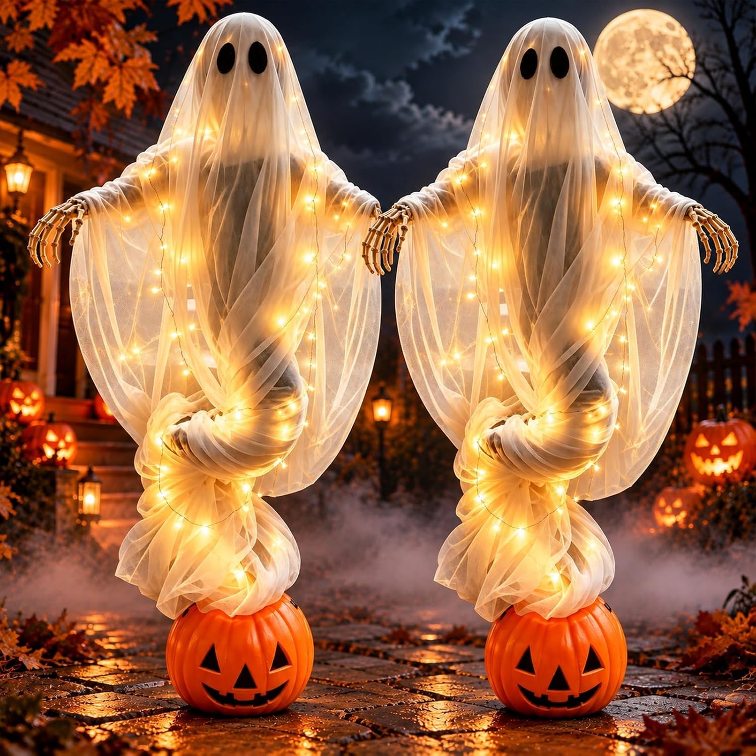 Swirling Ghost Pumpkin Light,Warm‑Glow LED Lighted Spooky Ghost Statue