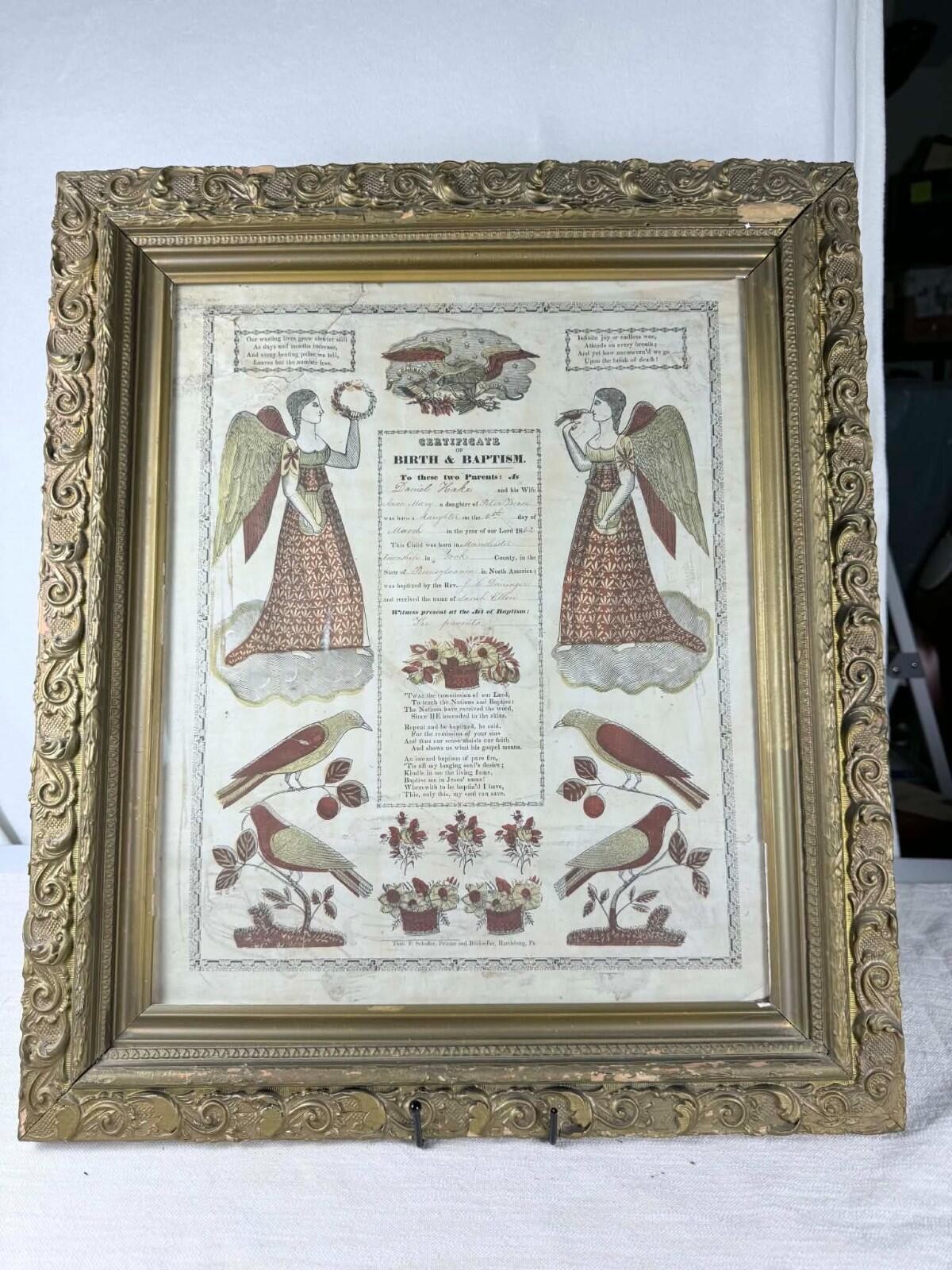 Antique 1862 Birth & Baptism Certificate Daniel Hake York County PA