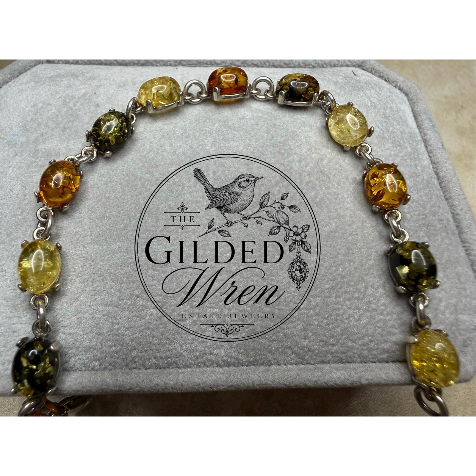 Vintage Baltic Amber 925 Sterling Silver Bracelet Honey Cognac Green 7 Inch