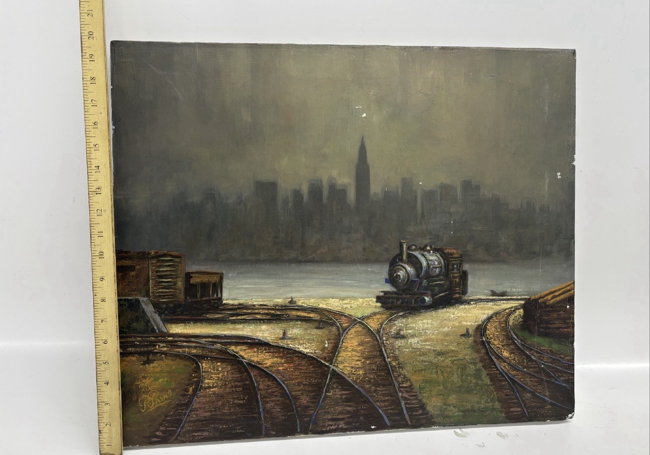 Original Vintage Rick Parks Oil Painting - New York Locomotive