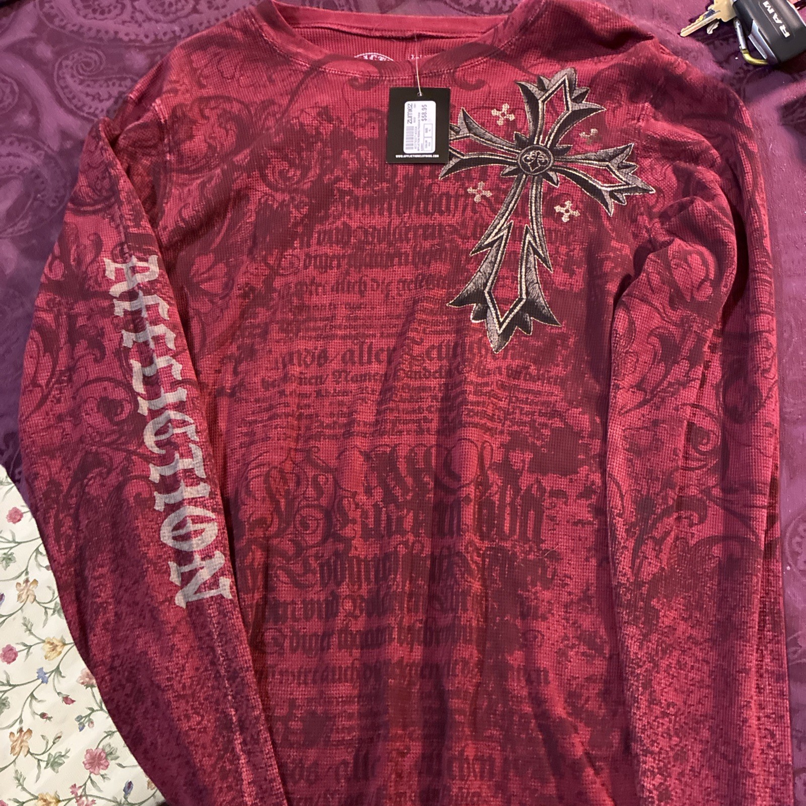 NWT Affliction Rising Passage Thermal Shirt Red Grunge Gothic Cross Mens XL