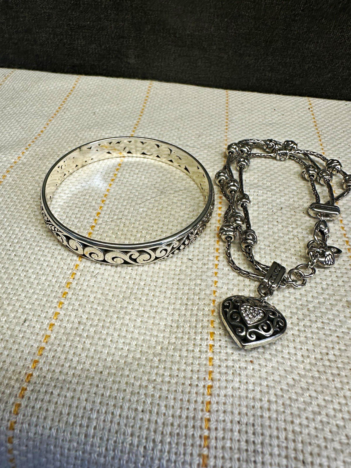 Brighton Signed Silver Tone Heart Crystal Bracelet & Scroll Bangle Set