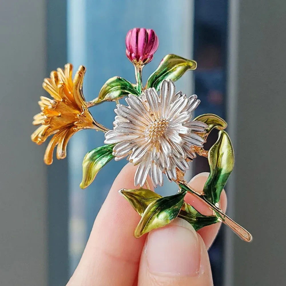 Vintage Enamel Flower Bouquet Brooch Floral Gold Leaf Pin Summer Gift Jewelry