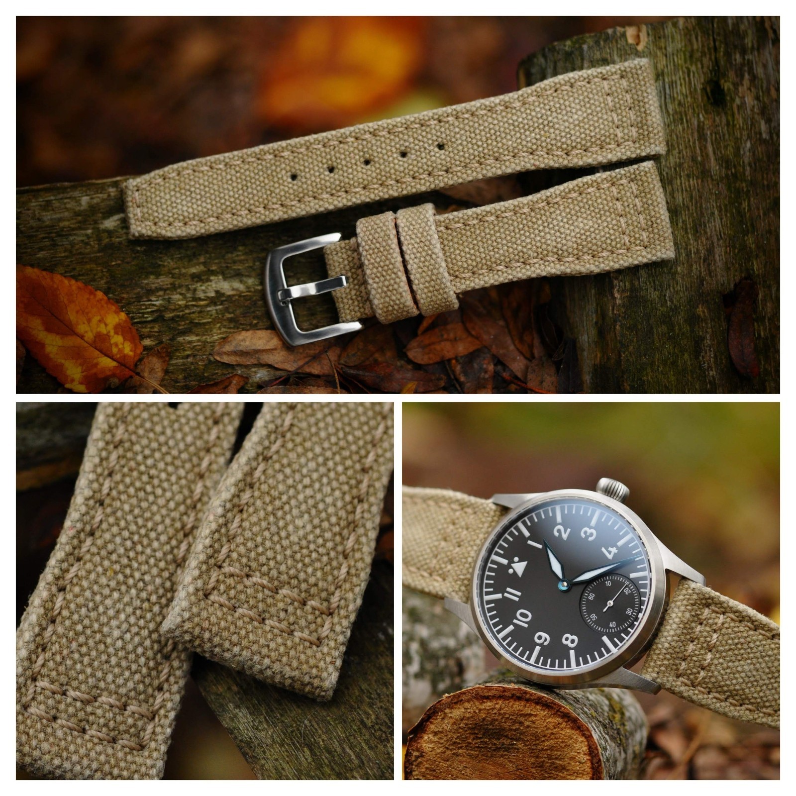 22/18 Handmade sandy beige rolled canvas watch strap IWC *Ready-Made US-DutyPaid