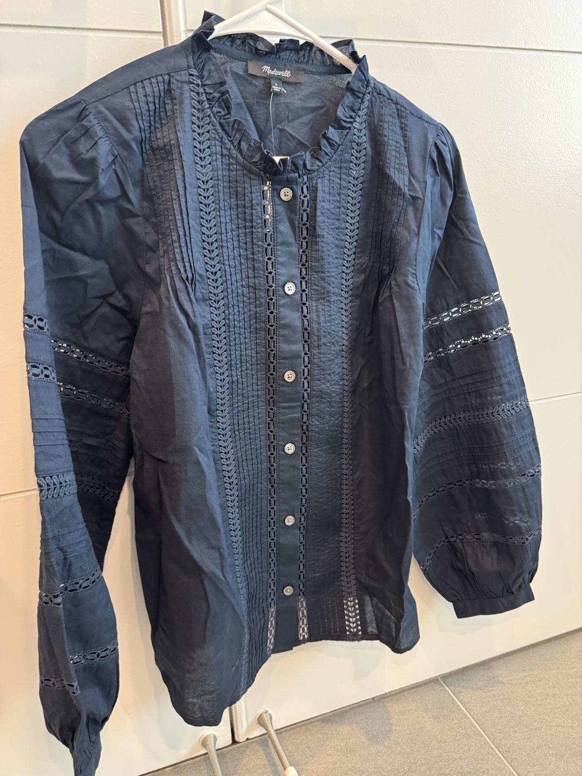 Madewell Lace Insert High Neck Pintuck Top Women Small Navy Cotton NWT $128 Madewell Lace Insert High Neck Pintuck Top Women Small Navy Cotton NWT $128