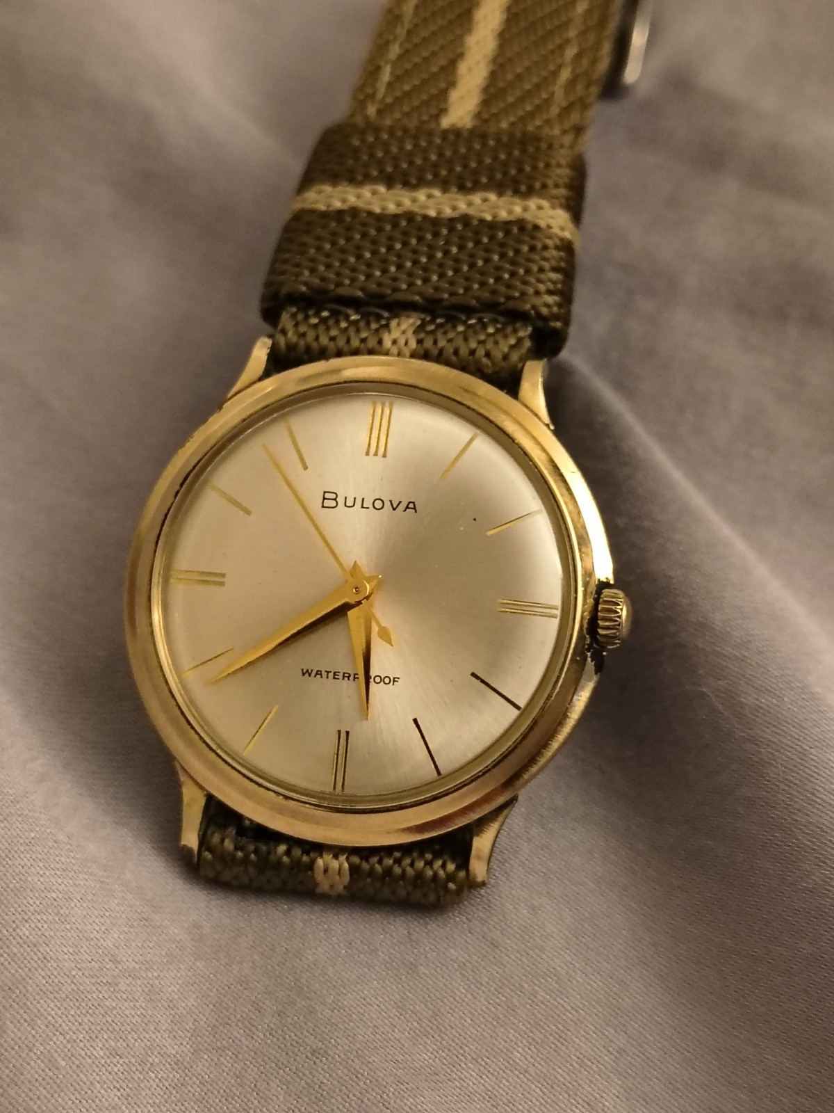 1965 Bulova 34mm Hand Wind Vintage Watch Runs Good 18mm Strap 10k RGP