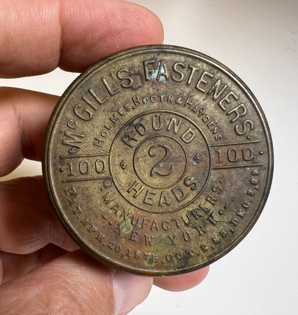 Antique McGill’s Fasteners Embossed Brass Advertising Tin Waterbury CT Empty
