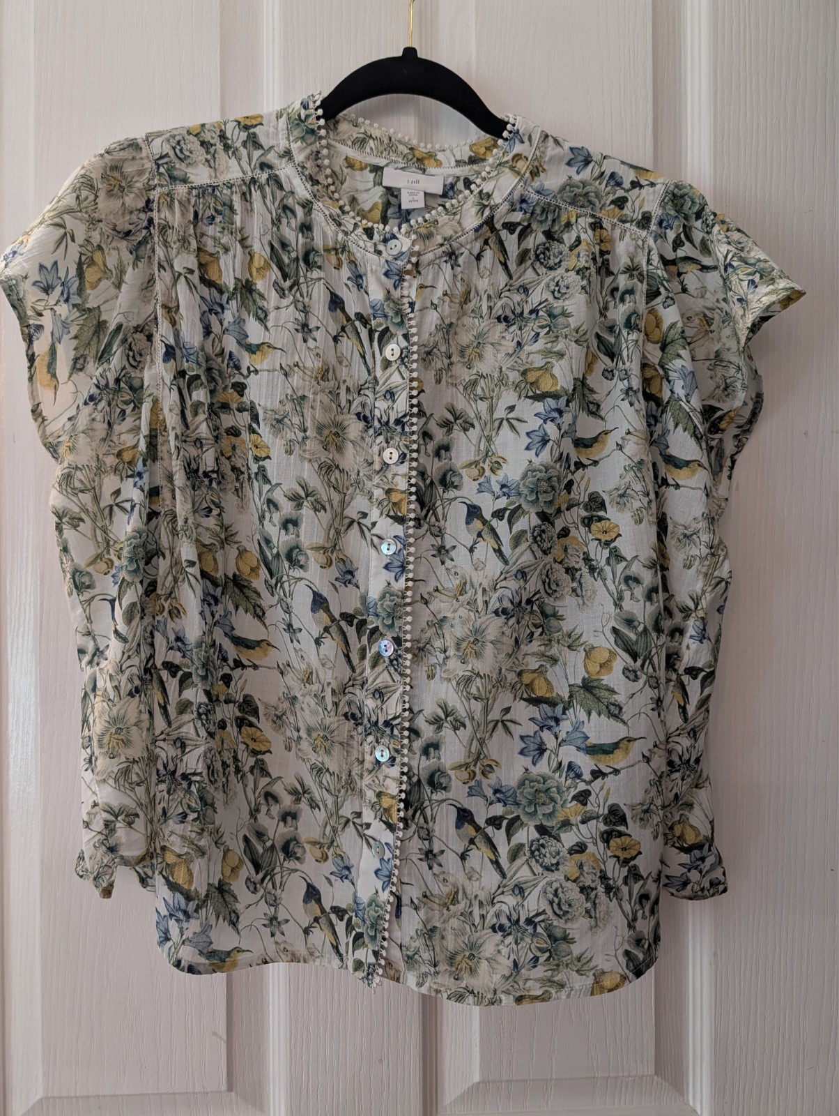 J. Jill Shirred Trim Cap Sleeve Top Size LP 100% Cotton Green Floral LP