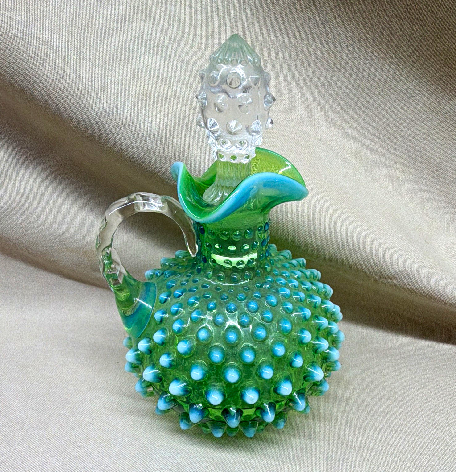 Fenton Lime Opalescent Hobnail Cruet stands 7” w/stopper. Read desc & pics.