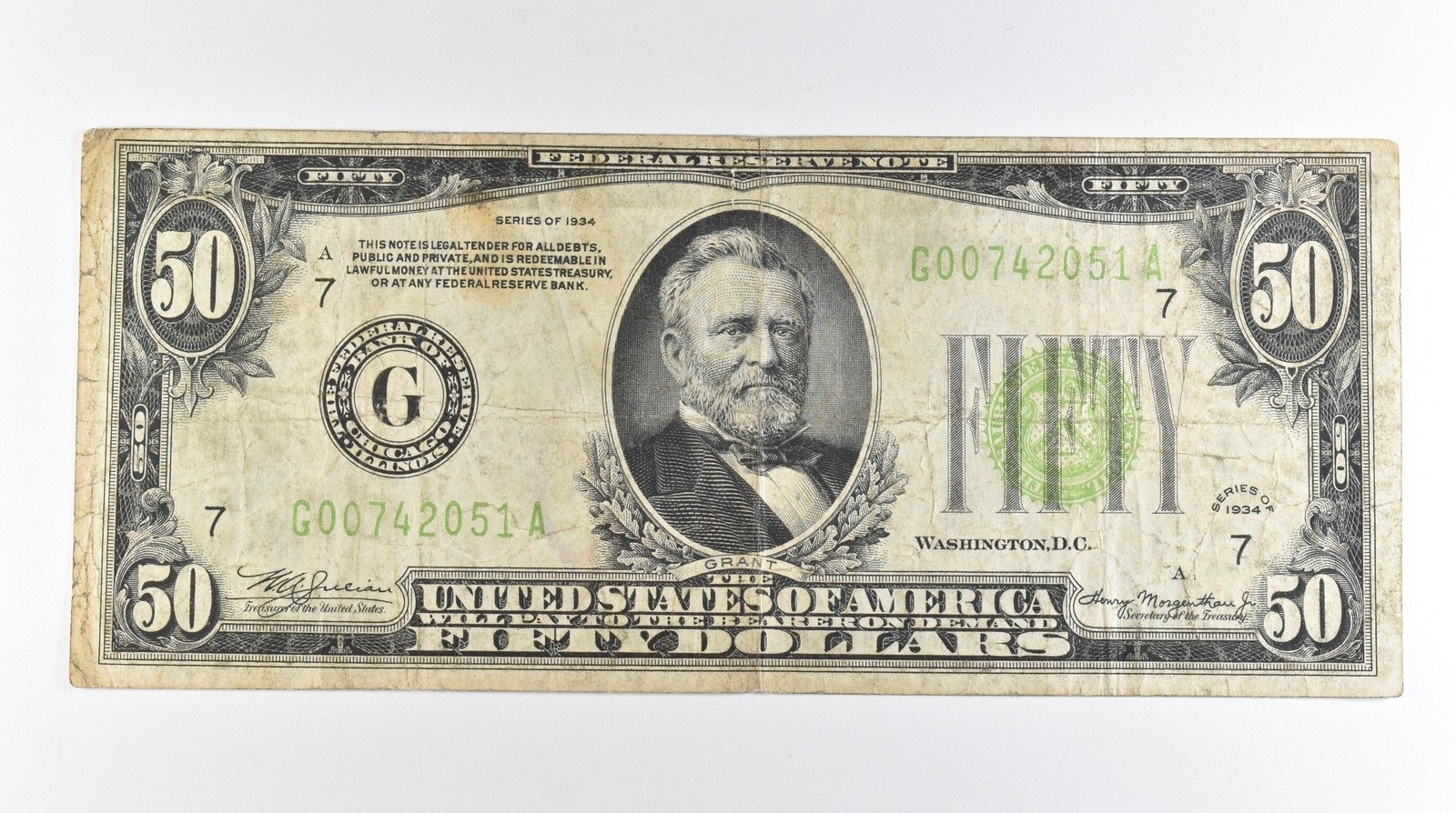1934 $50 Chicago IL FRN Light Green Seal a7075
