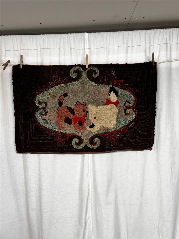 antique rug wool hooked cat kitten dog 23 x 37 hand made original early 19thc 