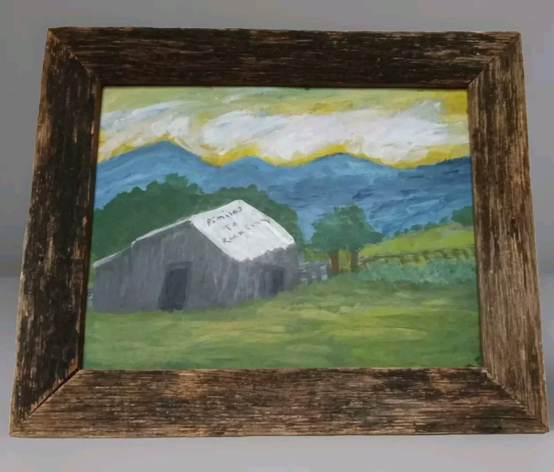 Southern Folk art 85 MILES TO ROCK CITY Painting Signed M.F 84  Cardboard 10x13