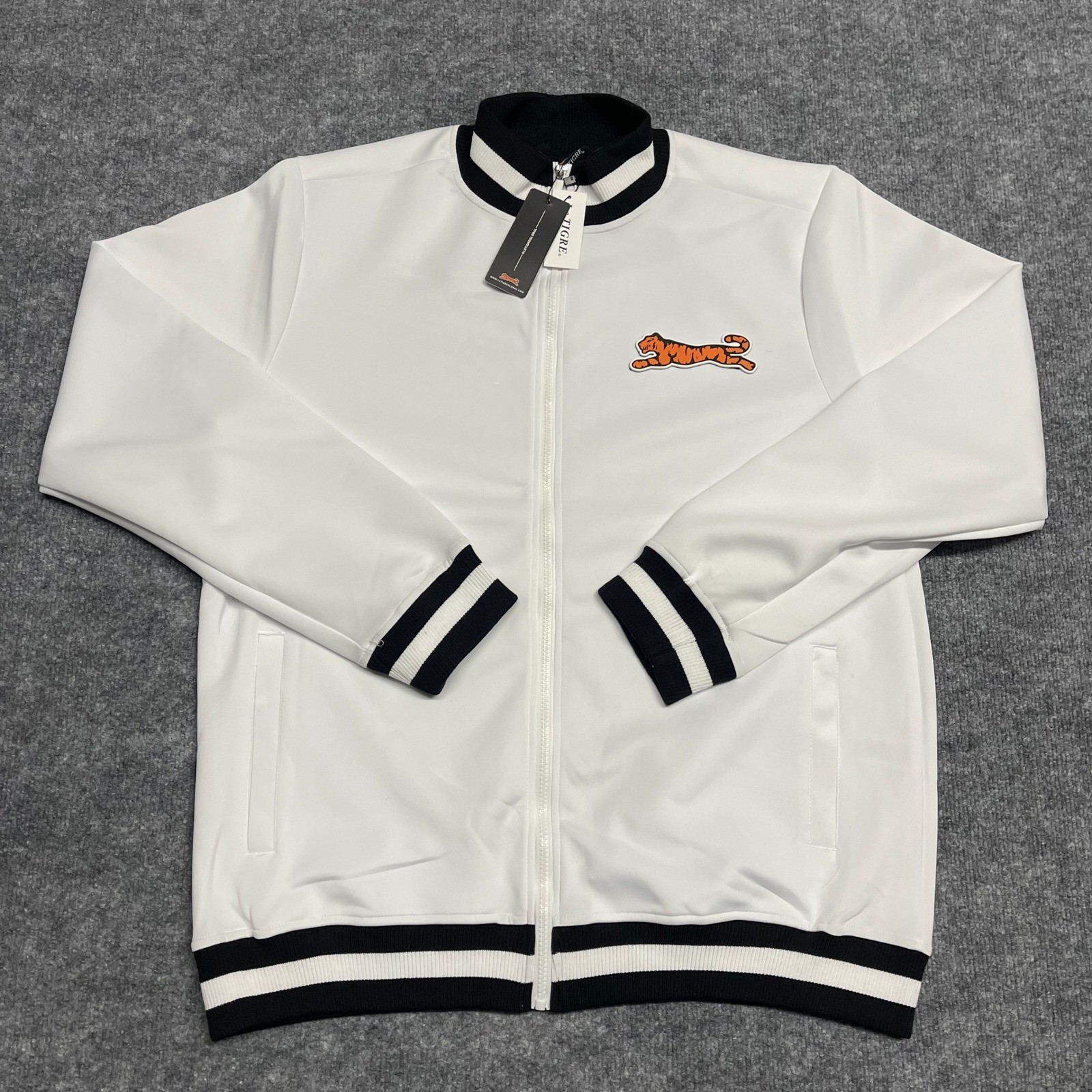 Le Tigre Jacket XL Mens White Full Zip Big Tiger Logo Stripped Ribbed Trim