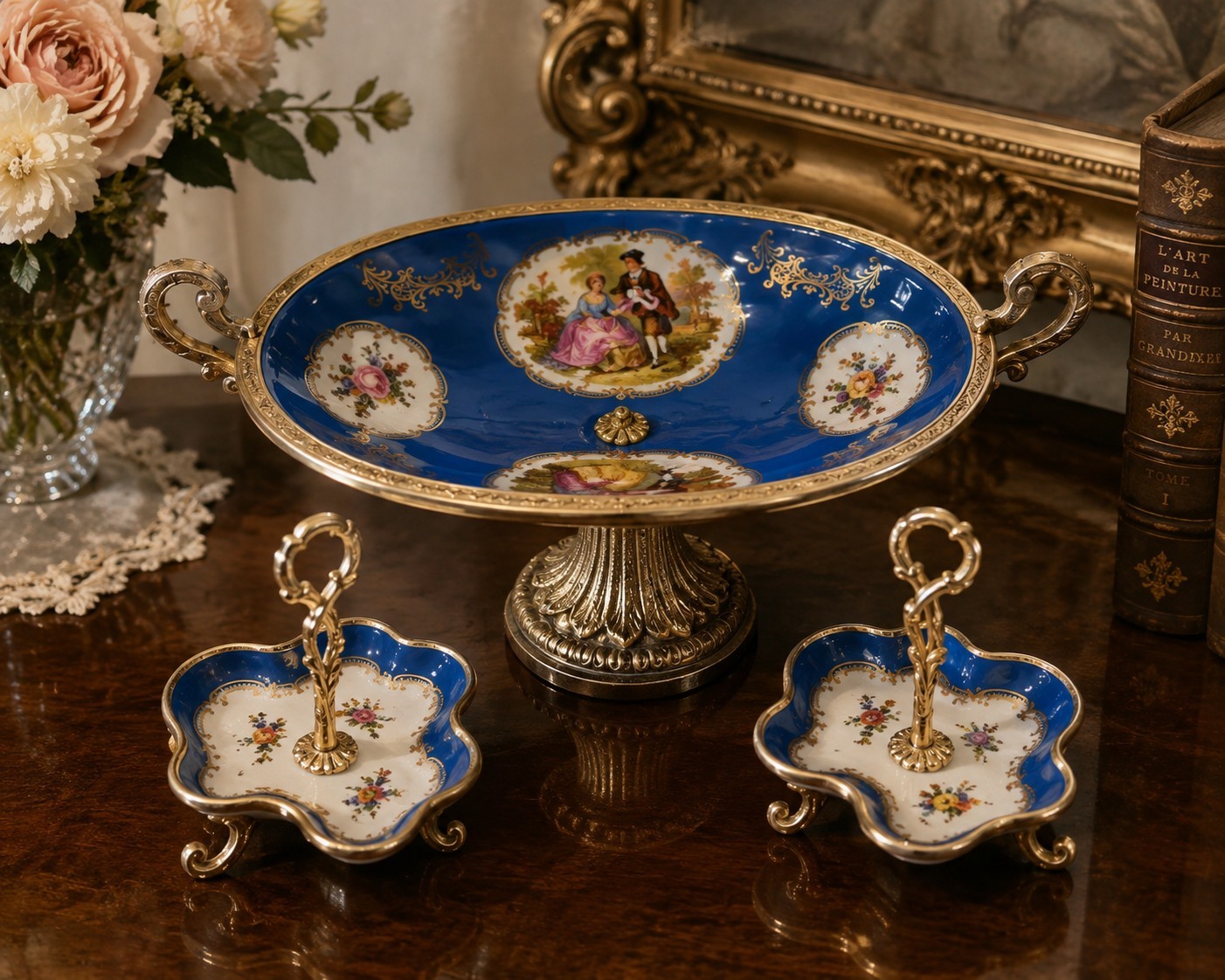 Antique AK France Limoges Cobalt Blue Gilt Porcelain 3 Pc Set Klingenberg c1900