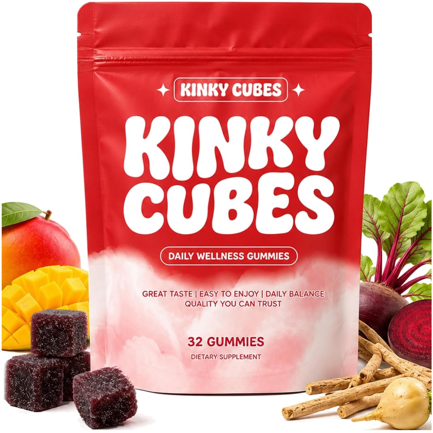32 Count Kinky Cubes Gummies - Delicious Hot Peach Energy & Mood Enhancers
