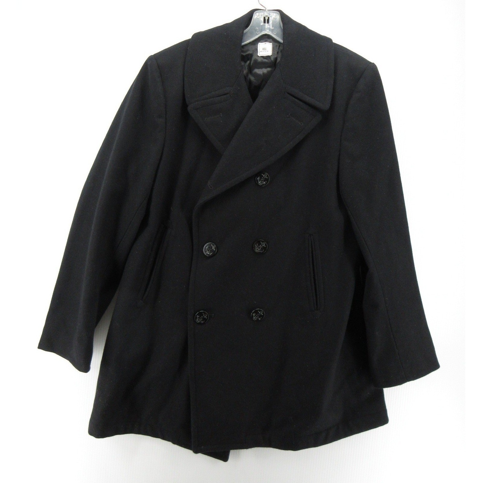 VTG US Navy Jacket Men 46 L Black Wool Pea Coat Naval Anchor Double Breasted