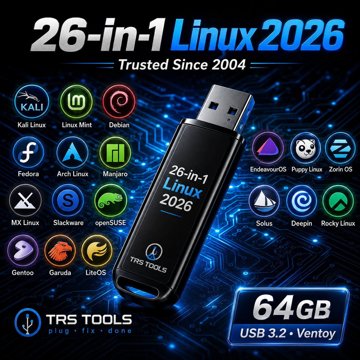 26-in-1 Linux Multiboot USB 64GB USB 3.2 | Mint Zorin Fedora