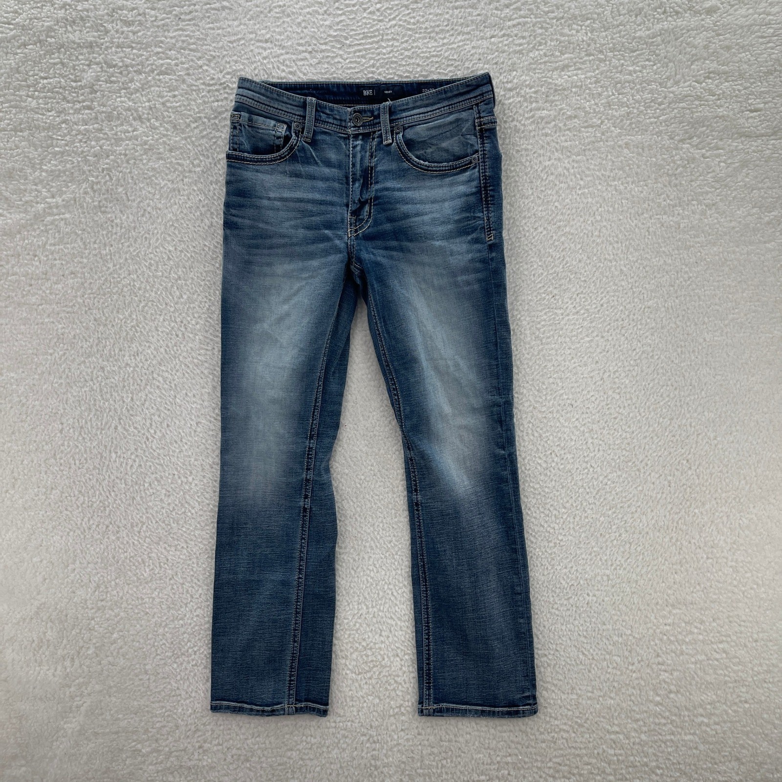 BKE Henry Jeans Mens 32x32 Straight Blue Denim Thick Stitch Grunge Whisker Y2K BKE Henry Jeans Mens 32x32 Straight Blue Denim Thick Stitch Grunge Whisker Y2K