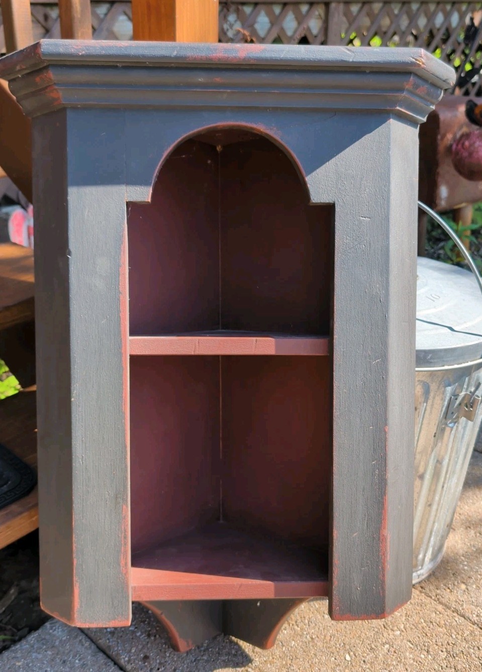 Vintage Primitive Corner Wall Cabinet Black & Red Distressed Country Two Shelves