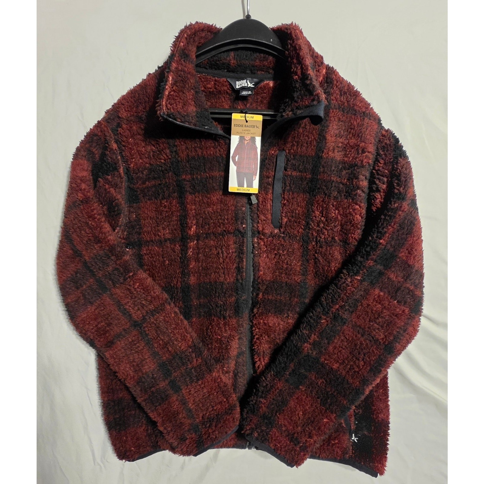 Eddie Bauer Women\'s M Sherpa Fleece Jacket NWT Zinfandel Black Plaid Zip