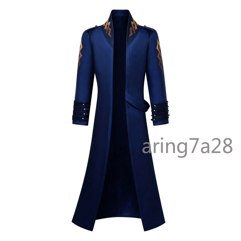 Devil May Cry Vergil Cosplay Costume, Blue Long Trench Coat Outfit for Halloween
