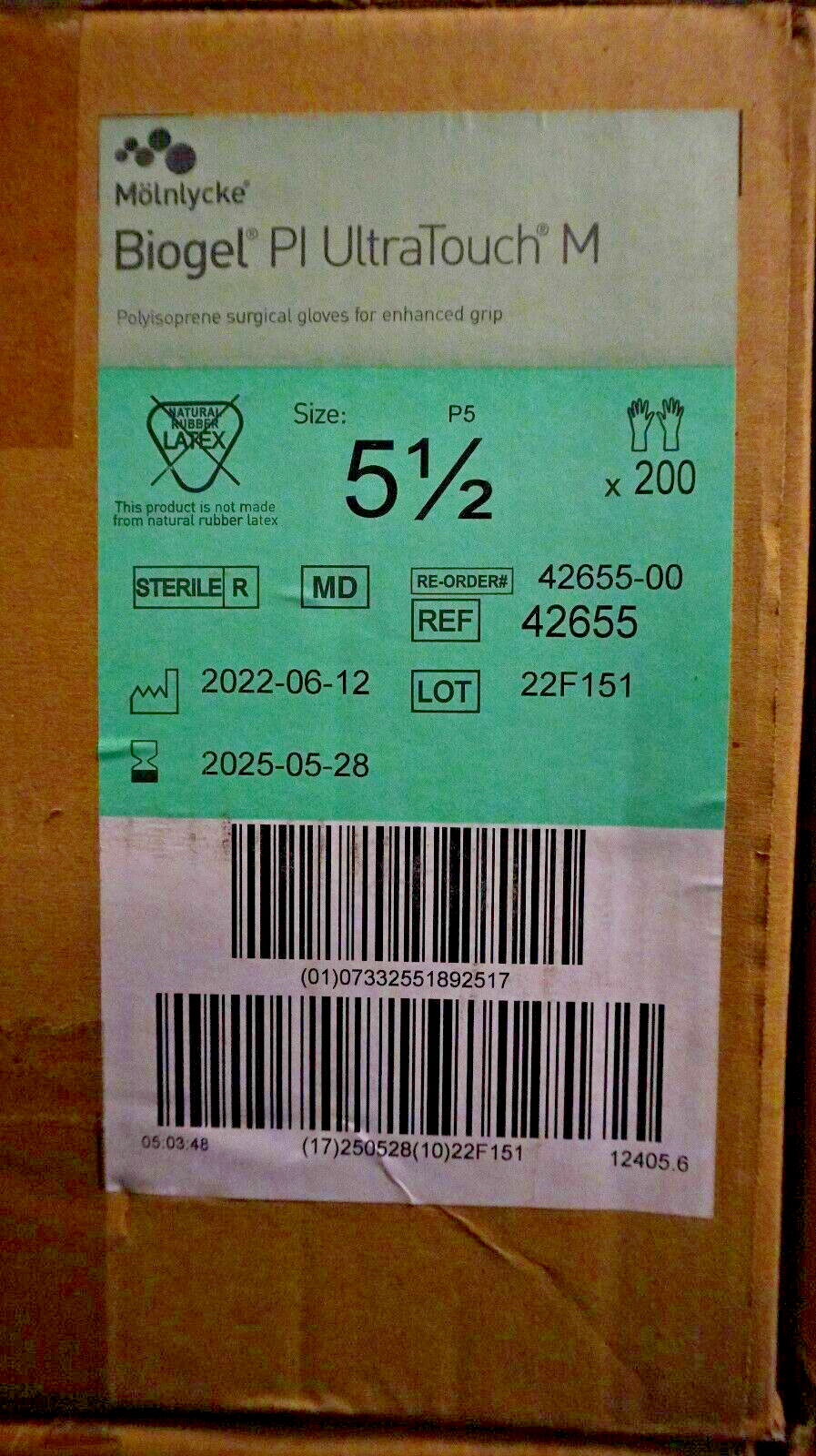 Molnlycke Biogel PI UltraTouch M CASE/200 Size 5 1/2 Exp 05/2025 REF 42655 Molnlycke Biogel PI UltraTouch M CASE/200 Size 5 1/2 Exp 05/2025 REF 42655