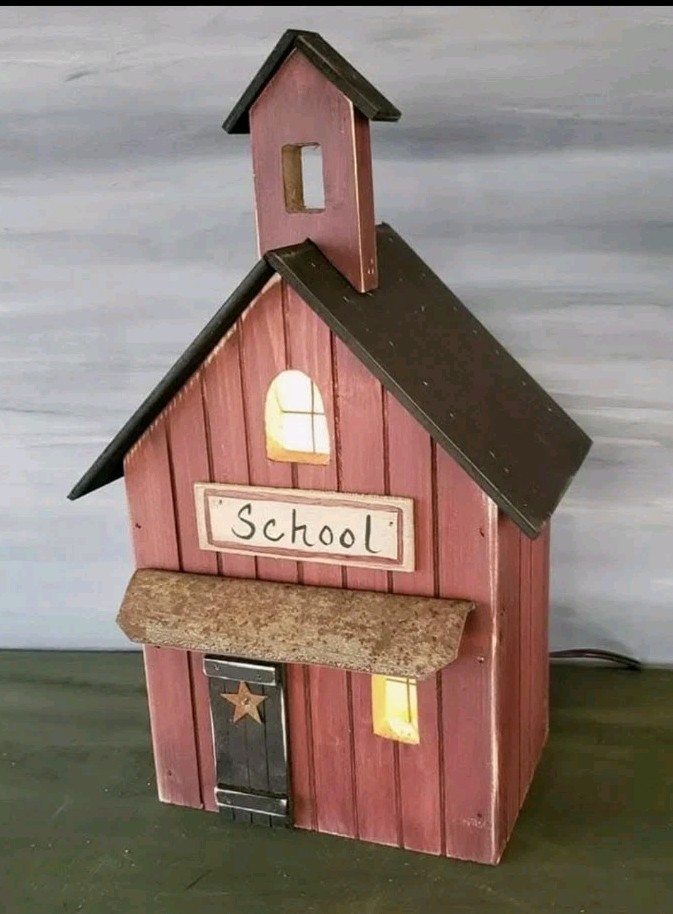 Primitive Wooden School , Farmhouse Village Collection, Rustic, Folk Art Primitive Wooden School , Farmhouse Village Collection, Rustic, Folk Art