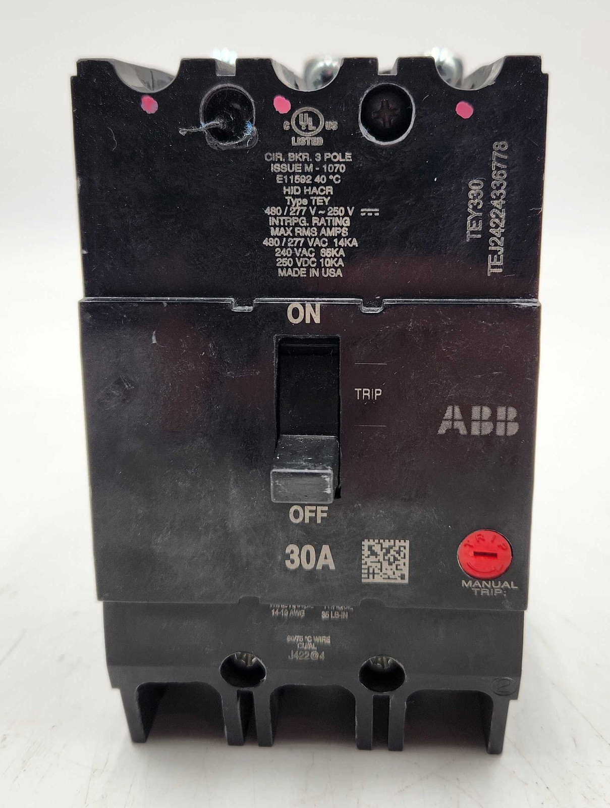 ABB TEY330 Circuit Breaker 30A 3P 480/277V 3PH New Pull Out