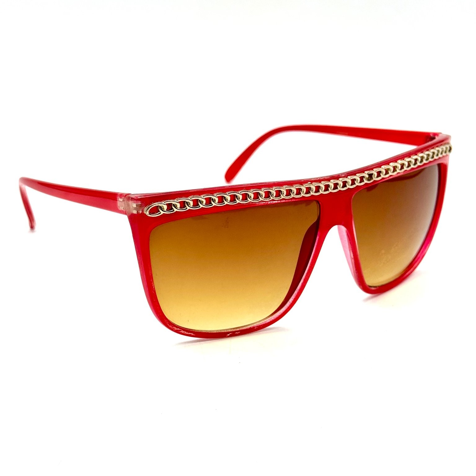 VTG Oversized Sunglasses Red Frame & Gradient Lenses Chain Detail UV Protection 
