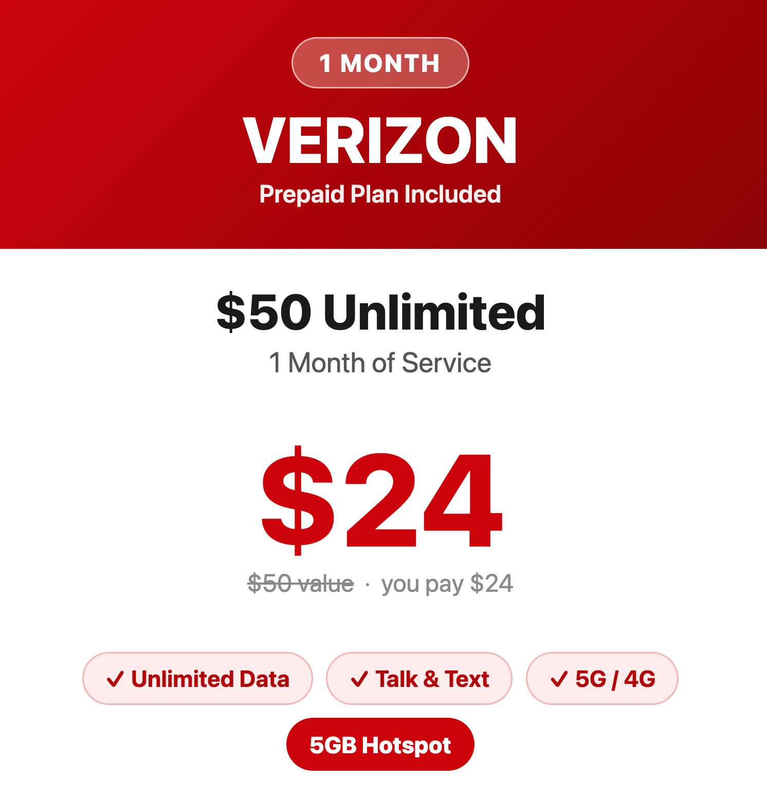 Verizon Prepaid SIM Unlimited 5G Data Talk Text Hotspot Plan Included 1 or 3 Mo