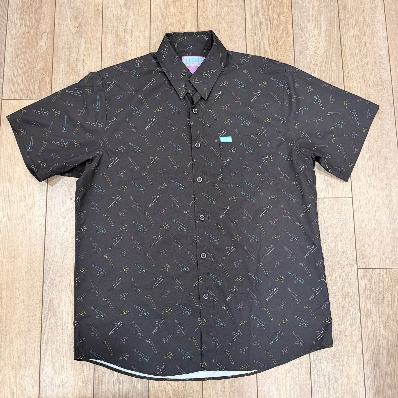 Dixxon Flannel Co Shirt Men L Black PEW PEW Rifle AOP Short Sleeve Button Up Dixxon Flannel Co Shirt Men L Black PEW PEW Rifle AOP Short Sleeve Button Up