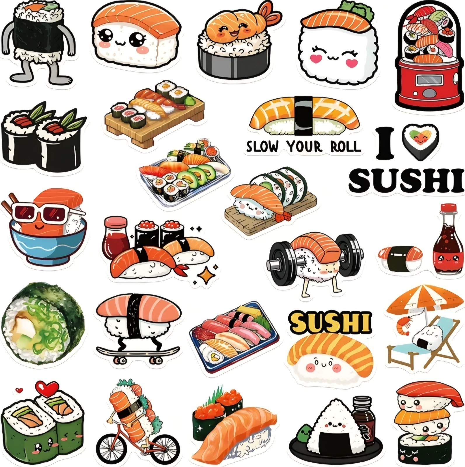 🔥 Kawaii Sushi Stickers | Lot of 10 | Die-Cut | Colorful | 50+ | TCG Nerd HQ