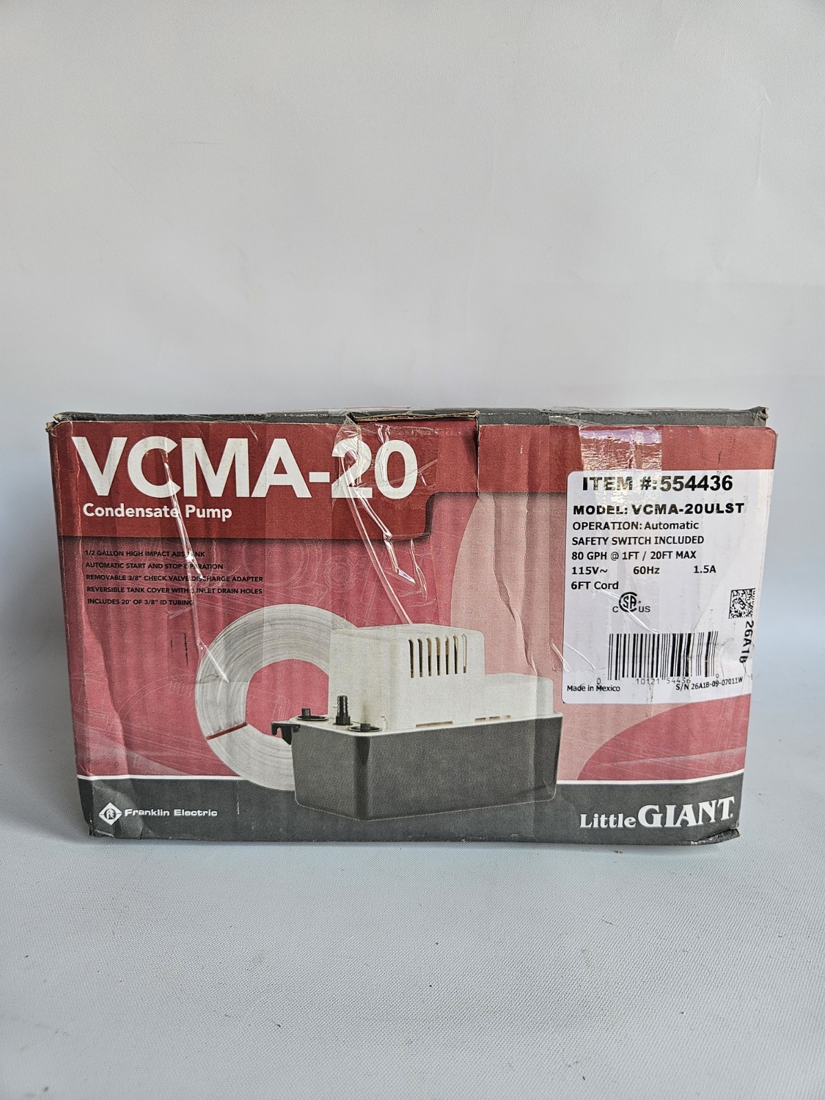 Little Giant VCMA-20ULST Condensate Pump 80 GPH 115V 20ft Tube 554436