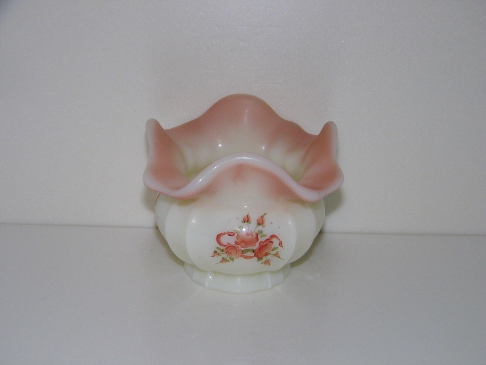 Fenton Antique Rose Aurora Bowl Ruffled Vase Pink Flowers Signed Gherke 