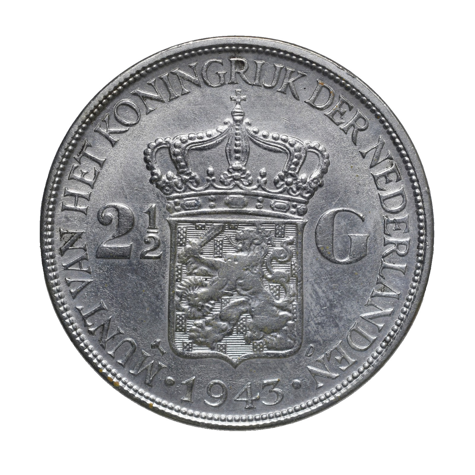 1943 Netherlands 2.5 Gulden Wilhelmina Silver Coin AU KM331 Lot [636]