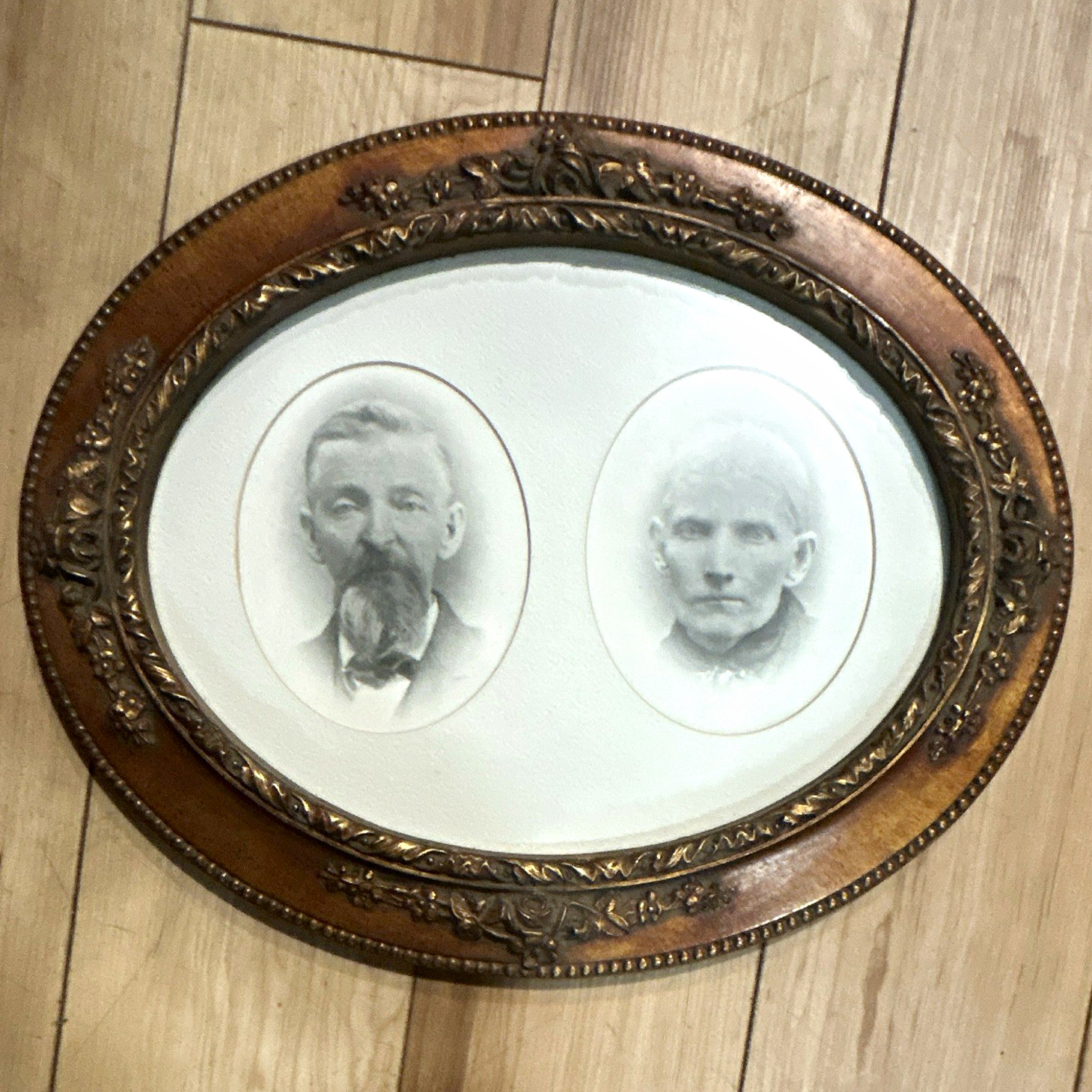 Antique Victorian Double Oval Picture Frame &Charcoal Portraits Man Woman 19th C Antique Victorian Double Oval Picture Frame &Charcoal Portraits Man Woman 19th C