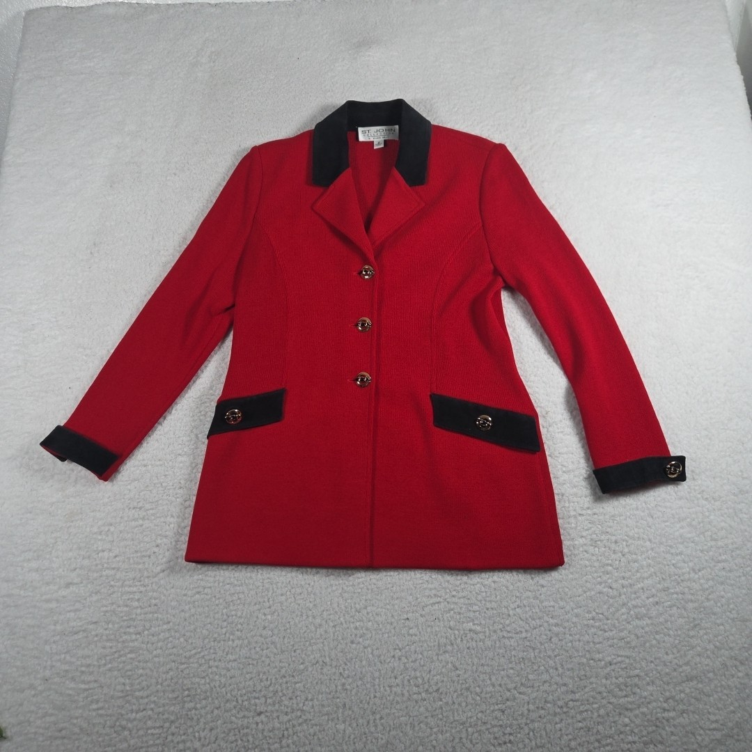 St. John By Mary Gray Red Santana Knit Jacket Leather Accents Holiday Women’s 4