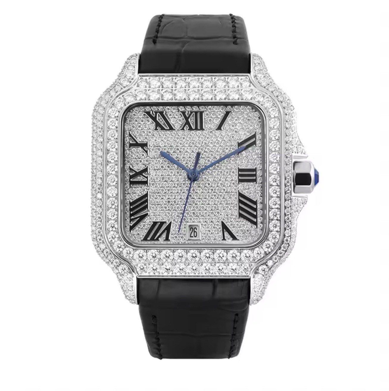 Moissanite Iced-Out Square Silver Dial Quartz Watch Date Black Leather Box Moissanite Iced-Out Square Silver Dial Quartz Watch Date Black Leather Box